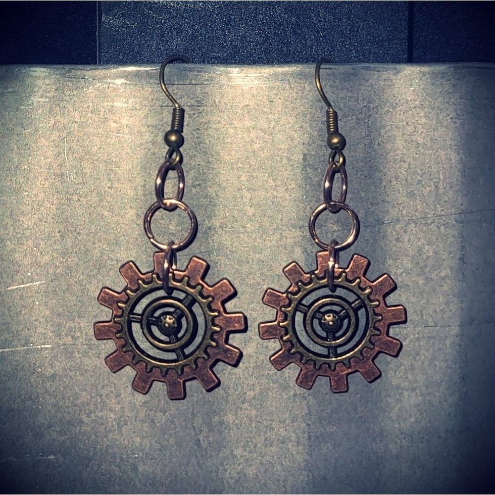 Brass & Bronze Gear Steampunk Industrial Dangle Earrings